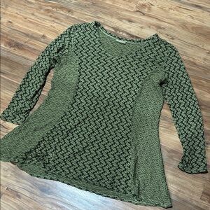 Tianello by Steve Barraza Crinkle Knit Olive Black Tunic Lagenlook Blouse M